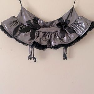 Chrome mini skirt with garter belt
